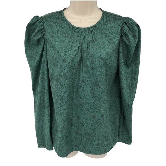A New Day Women's Puff Sleeve Round Neck Paisley Green Blouse Top Choose S or M - Picture 1 of 13